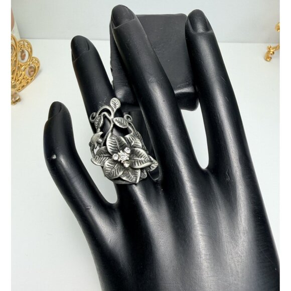 Vtg Art Nouveau Statement Ring Large Silver Leaves Rhinestone Runway Sz 6 - Picture 2 of 10